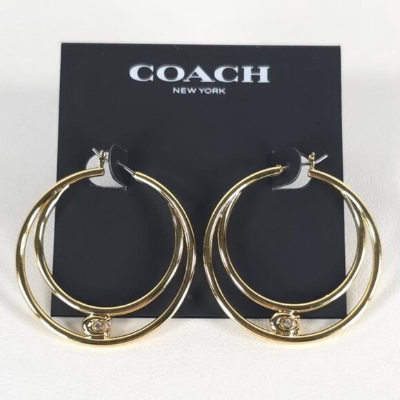 NWT COACH Women's Signature Double Hoop Gold Earrings with Cubic Zirconia Detail